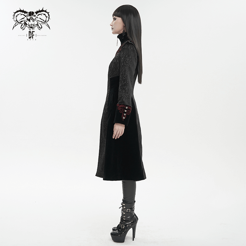 Gothic Black Stand Collar Floral Embroidered Coat for Women / Alternative Fashion Outerwear