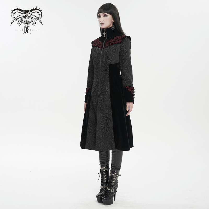 Gothic Black Stand Collar Floral Embroidered Coat for Women / Alternative Fashion Outerwear