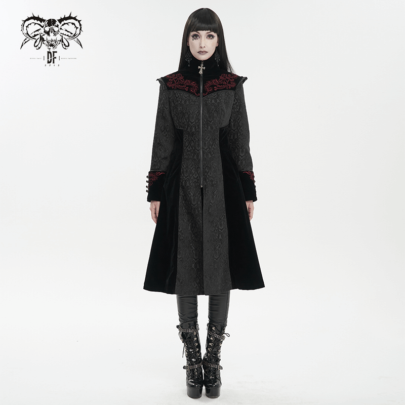 Gothic Black Stand Collar Floral Embroidered Coat for Women / Alternative Fashion Outerwear