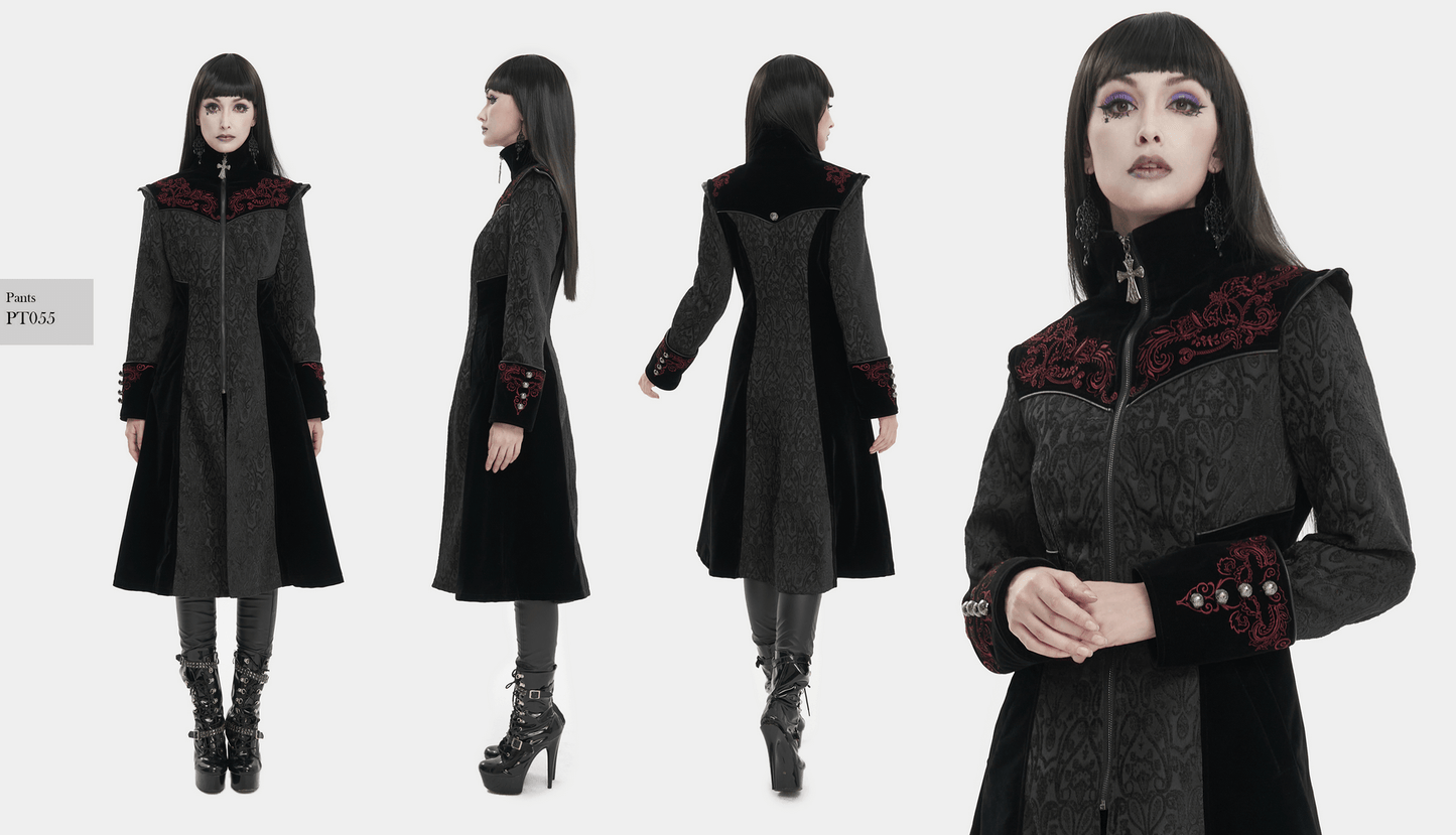 Gothic Black Stand Collar Floral Embroidered Coat for Women / Alternative Fashion Outerwear