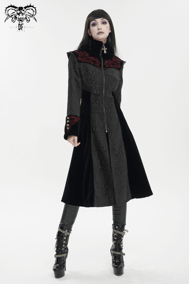 Gothic Black Stand Collar Floral Embroidered Coat for Women / Alternative Fashion Outerwear
