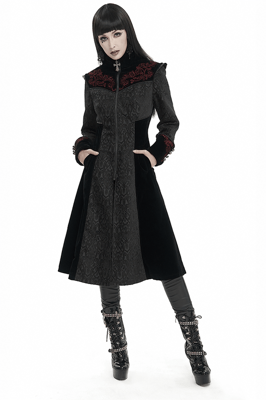 Gothic Black Stand Collar Floral Embroidered Coat for Women / Alternative Fashion Outerwear
