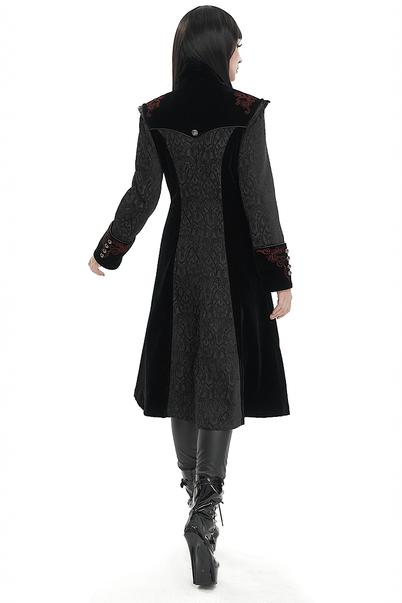 Gothic Black Stand Collar Floral Embroidered Coat for Women / Alternative Fashion Outerwear