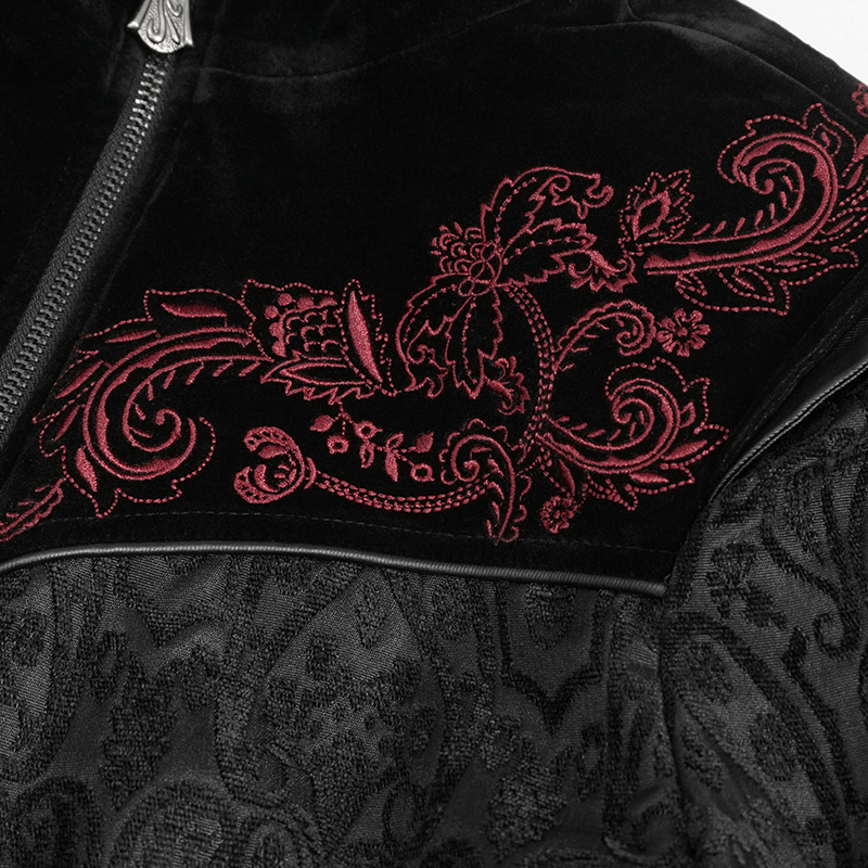 Gothic Black Stand Collar Floral Embroidered Coat for Women / Alternative Fashion Outerwear