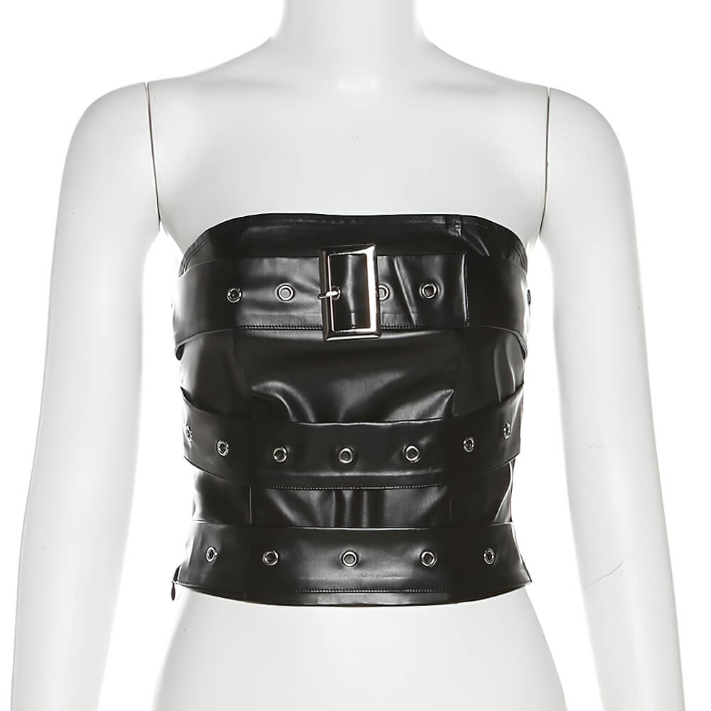 Gothic Black Strapless Crop Top for Women / Stylish Ladies Sleeveless Off-Shoulder Tops with Belt
