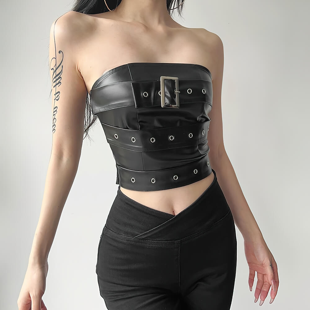 Gothic Black Strapless Crop Top for Women / Stylish Ladies Sleeveless Off-Shoulder Tops with Belt