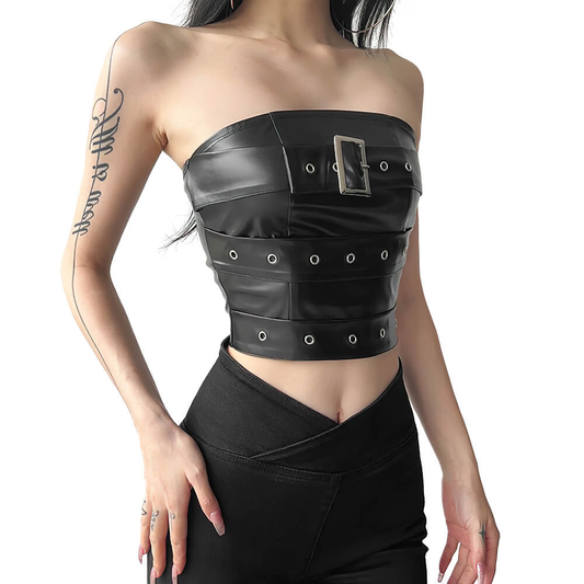 Gothic Black Strapless Crop Top for Women / Stylish Ladies Sleeveless Off-Shoulder Tops with Belt