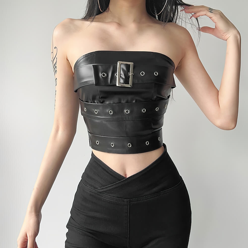 Gothic Black Strapless Crop Top for Women / Stylish Ladies Sleeveless Off-Shoulder Tops with Belt