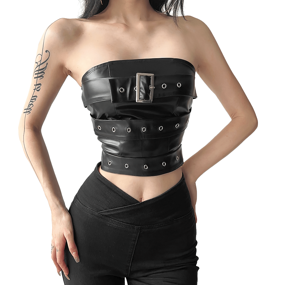 Gothic Black Strapless Crop Top for Women / Stylish Ladies Sleeveless Off-Shoulder Tops with Belt