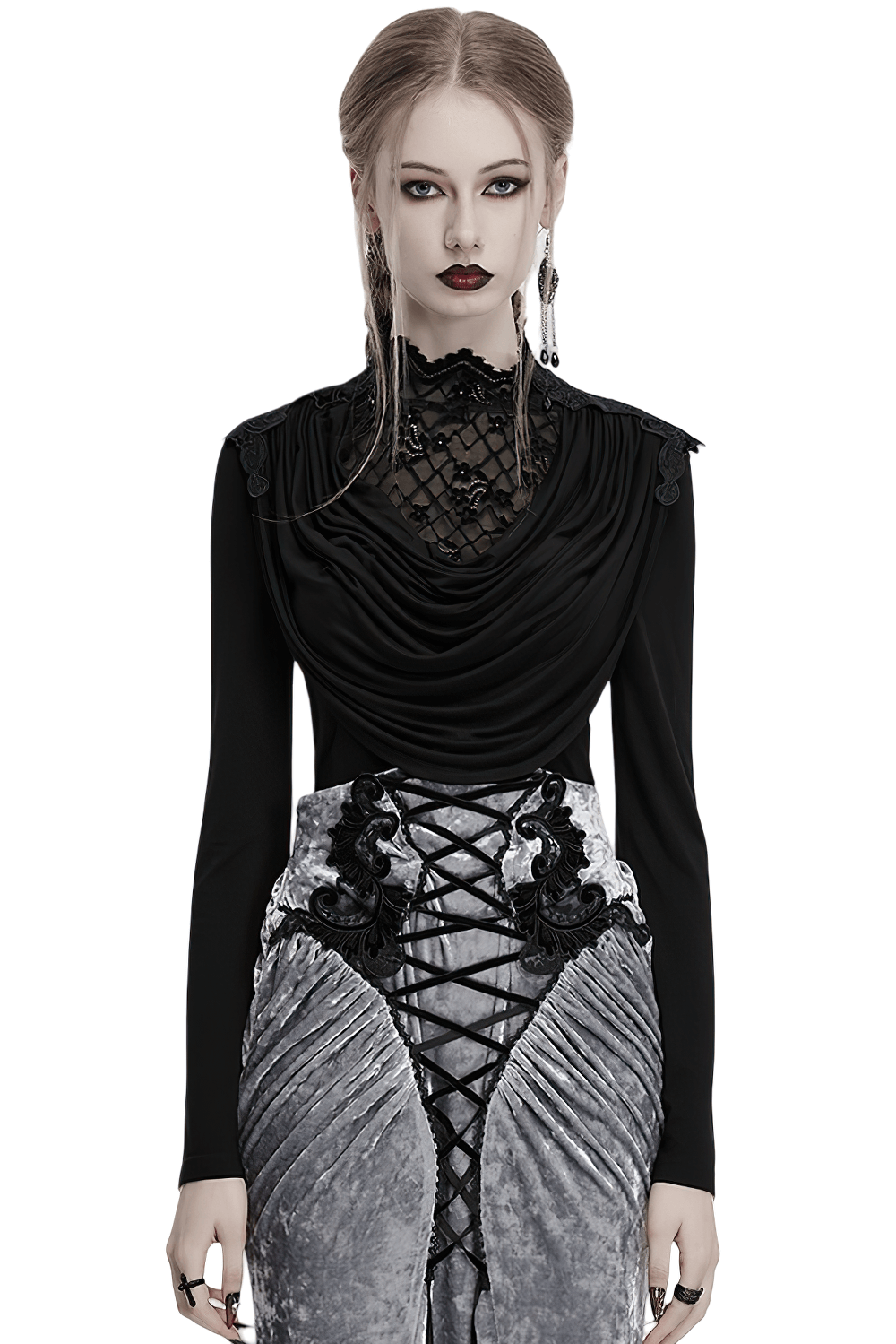 Gothic Black Swinging Collar Lace Long Sleeve Top