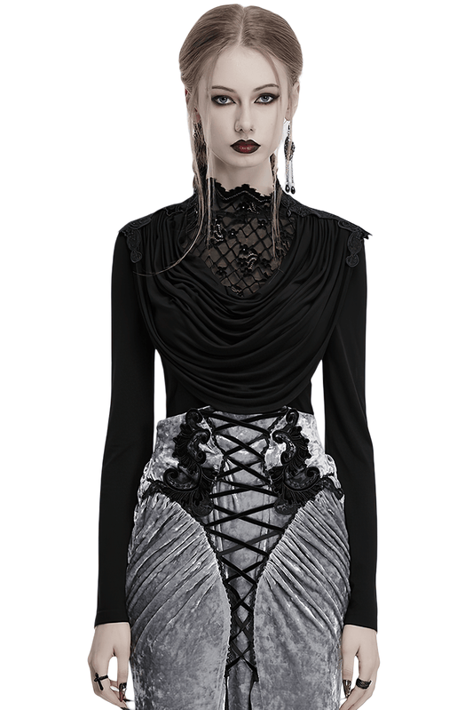 Gothic Black Swinging Collar Lace Long Sleeve Top