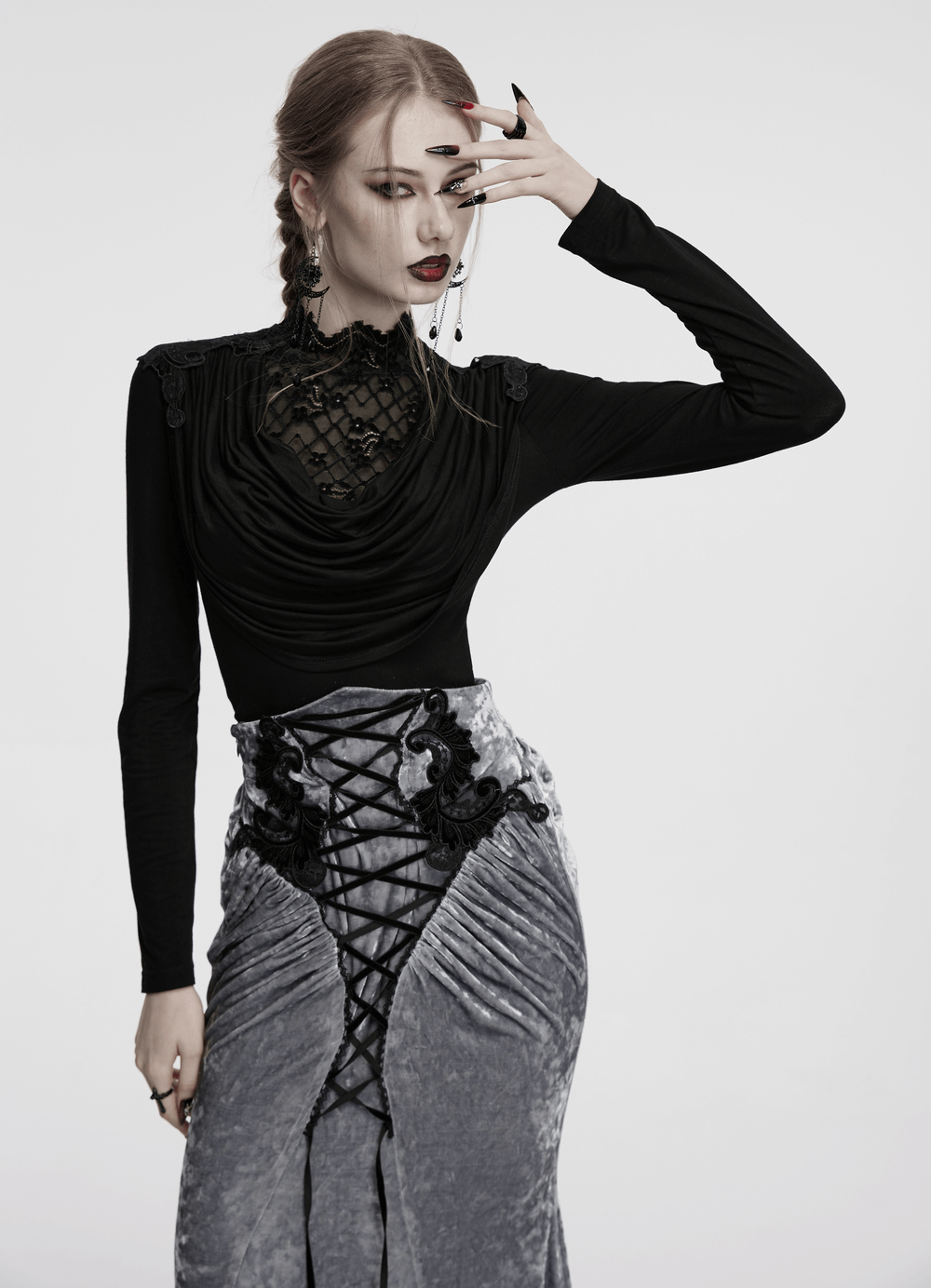 Gothic Black Swinging Collar Lace Long Sleeve Top