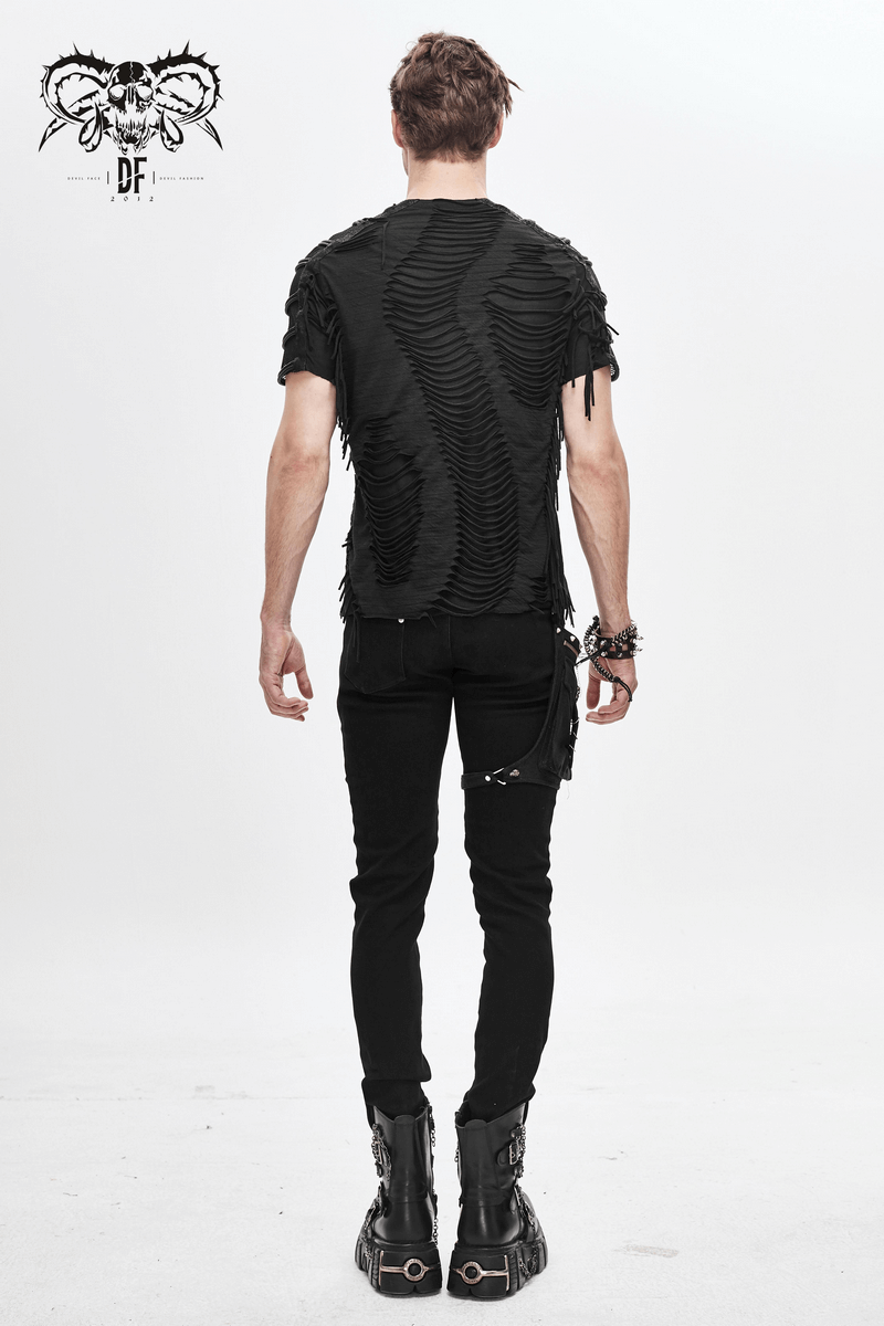 Gothic Black T-Shirts with Fringes / Men's Slashed T-Shirt with Mesh and Studs