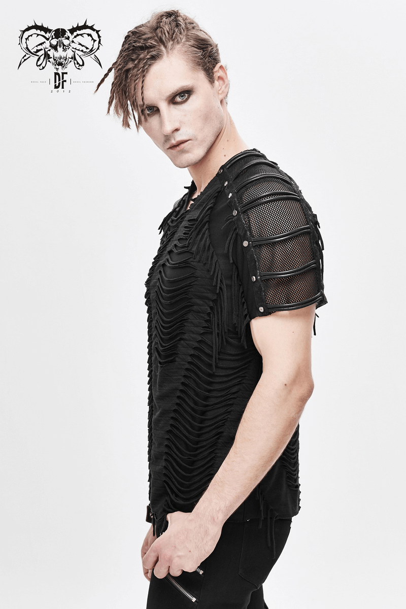 Gothic Black T-Shirts with Fringes / Men's Slashed T-Shirt with Mesh and Studs