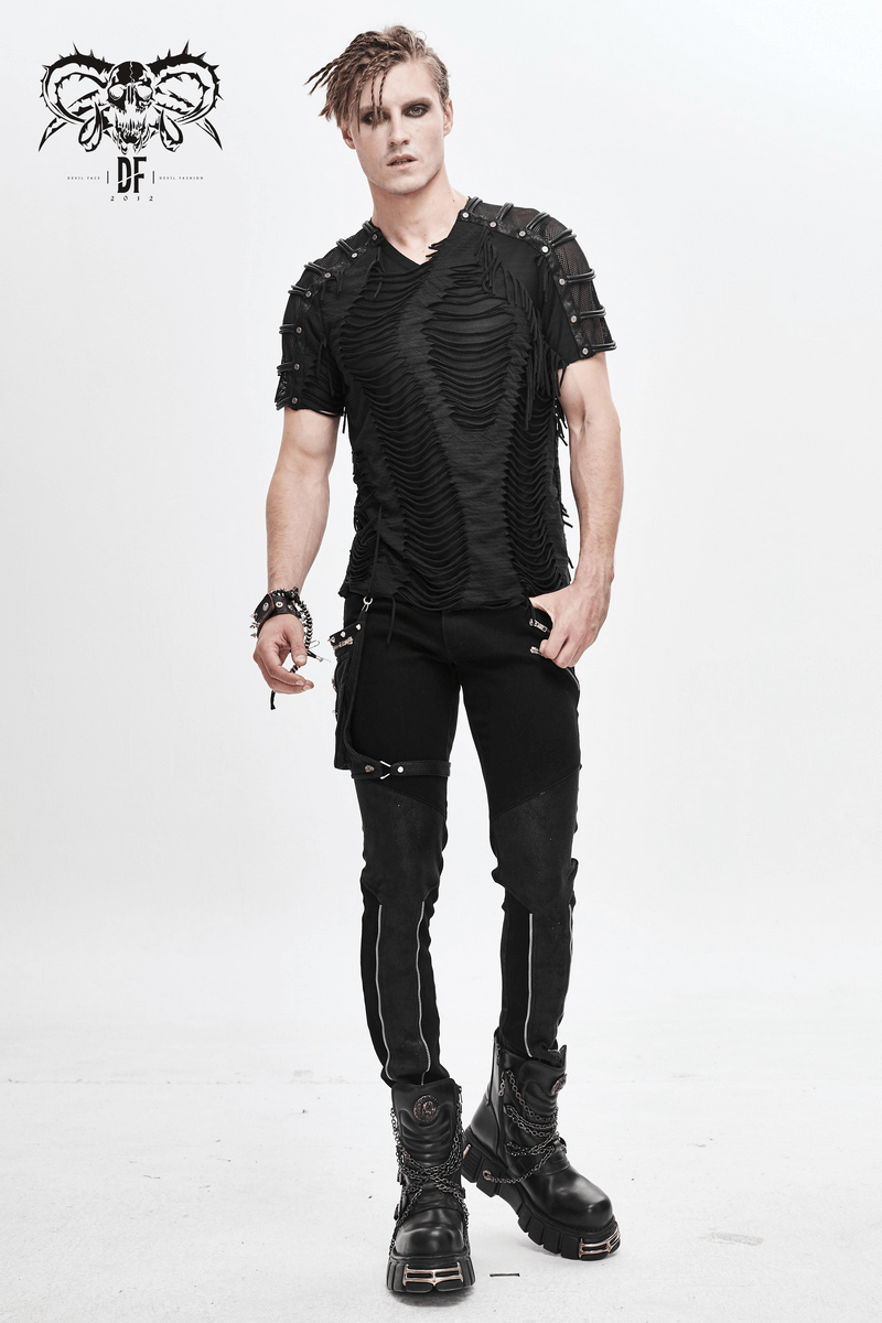Gothic Black T-Shirts with Fringes / Men's Slashed T-Shirt with Mesh and Studs
