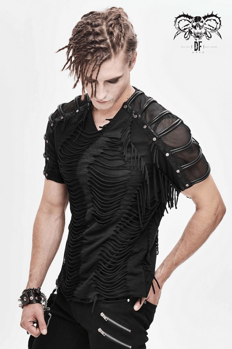 Gothic Black T-Shirts with Fringes / Men's Slashed T-Shirt with Mesh and Studs