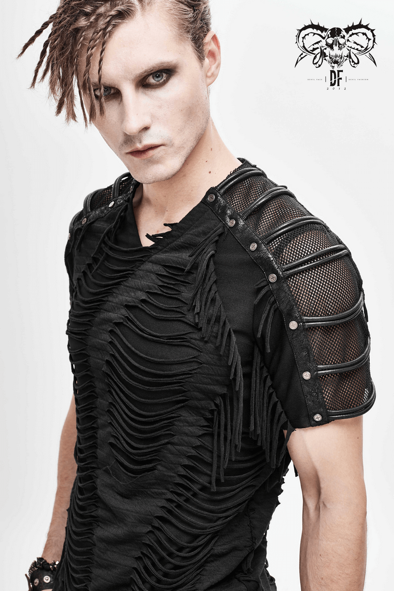 Gothic Black T-Shirts with Fringes / Men's Slashed T-Shirt with Mesh and Studs