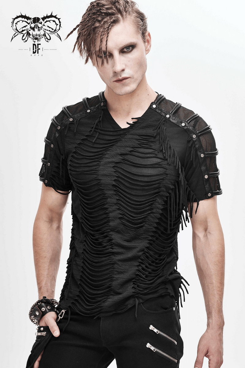 Gothic Black T-Shirts with Fringes / Men's Slashed T-Shirt with Mesh and Studs