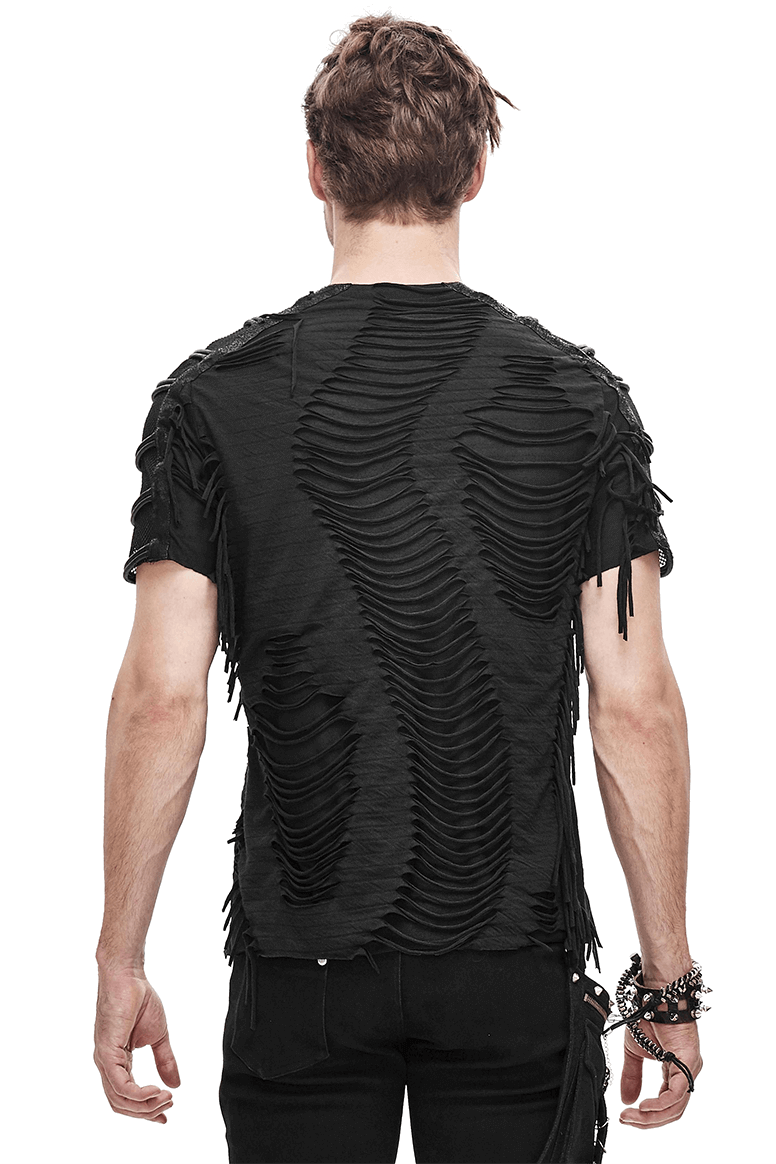 Gothic Black T-Shirts with Fringes / Men's Slashed T-Shirt with Mesh and Studs