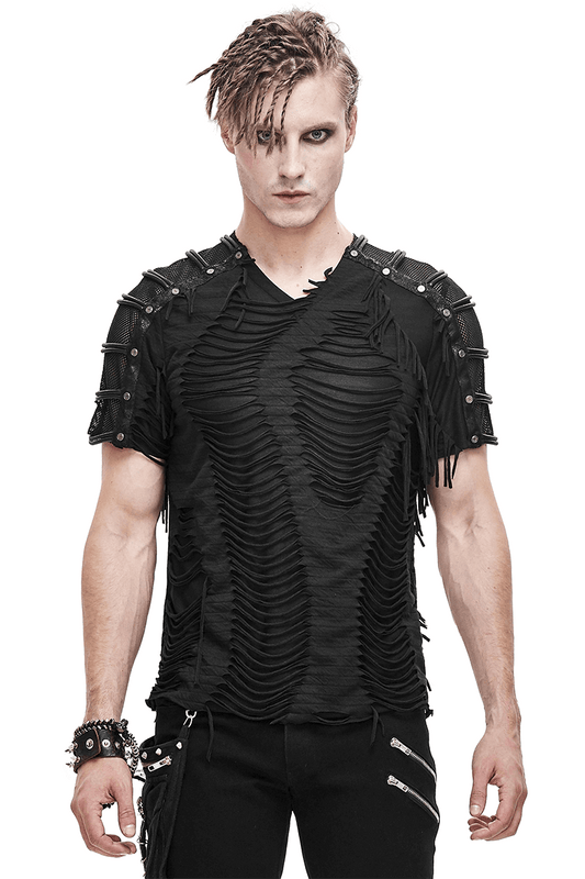 Gothic Black T-Shirts with Fringes / Men's Slashed T-Shirt with Mesh and Studs
