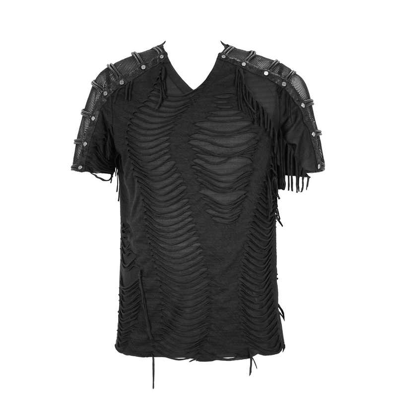 Gothic Black T-Shirts with Fringes / Men's Slashed T-Shirt with Mesh and Studs
