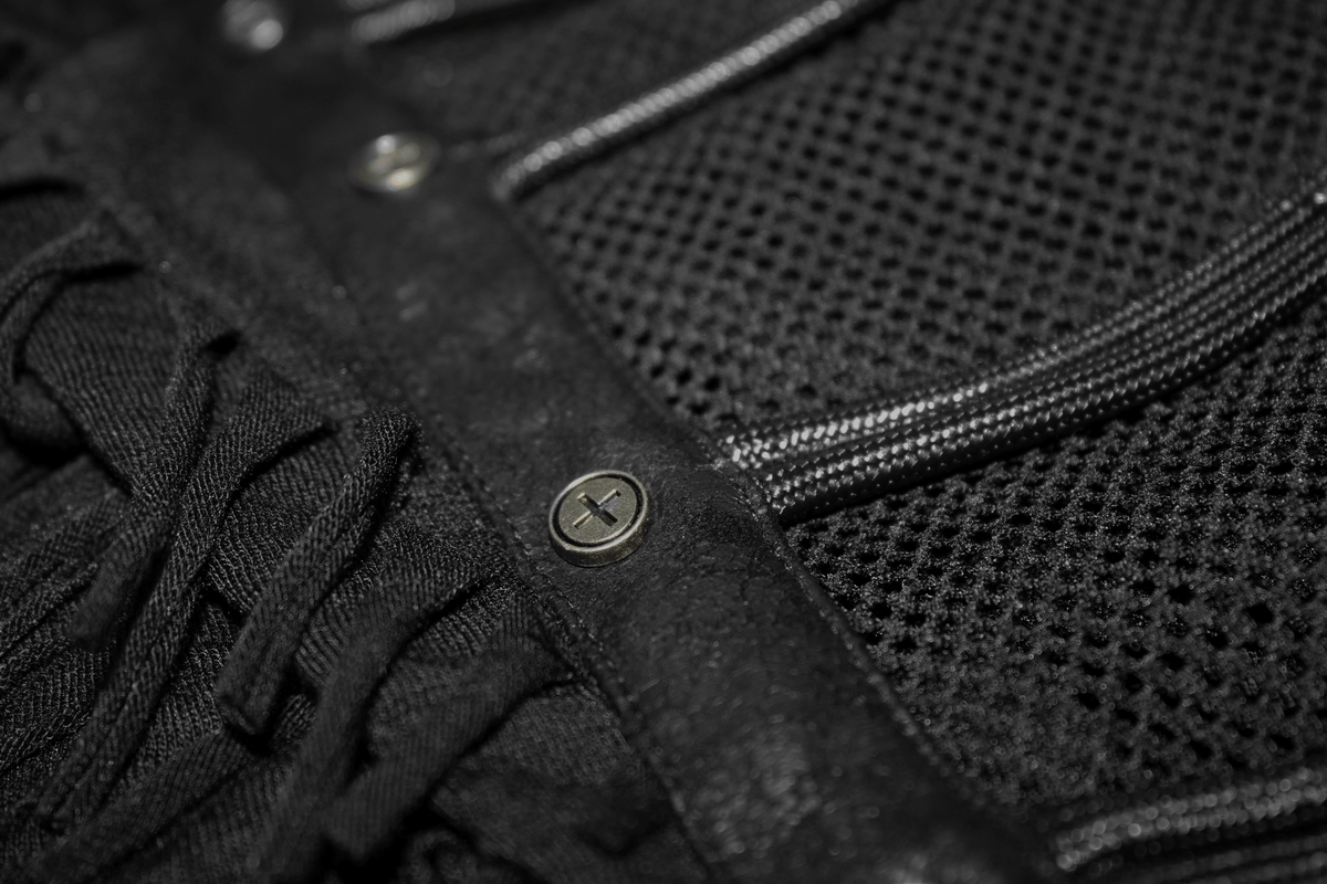 Gothic Black T-Shirts with Fringes / Men's Slashed T-Shirt with Mesh and Studs