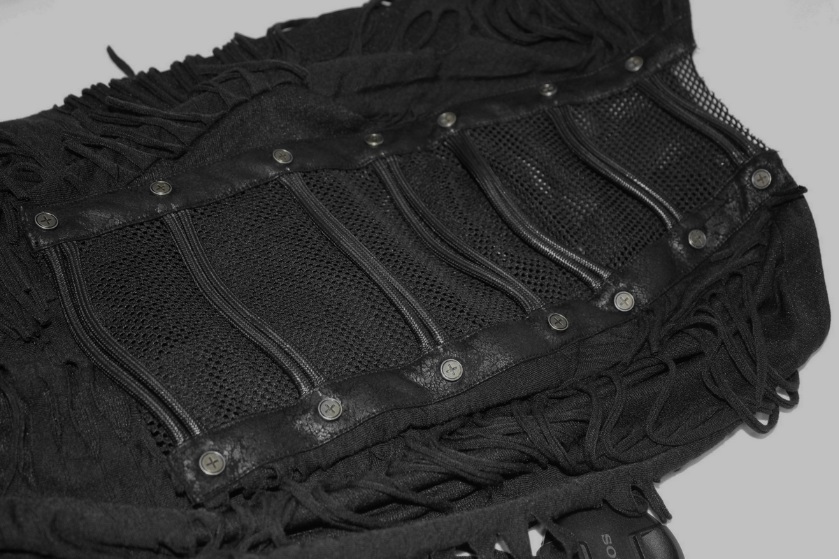 Gothic Black T-Shirts with Fringes / Men's Slashed T-Shirt with Mesh and Studs