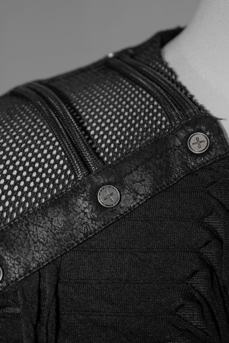 Gothic Black T-Shirts with Fringes / Men's Slashed T-Shirt with Mesh and Studs