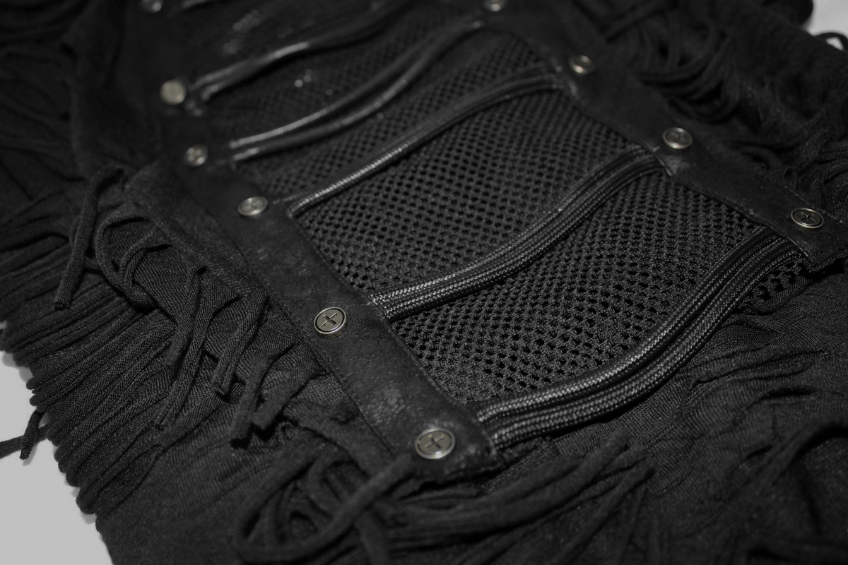 Gothic Black T-Shirts with Fringes / Men's Slashed T-Shirt with Mesh and Studs