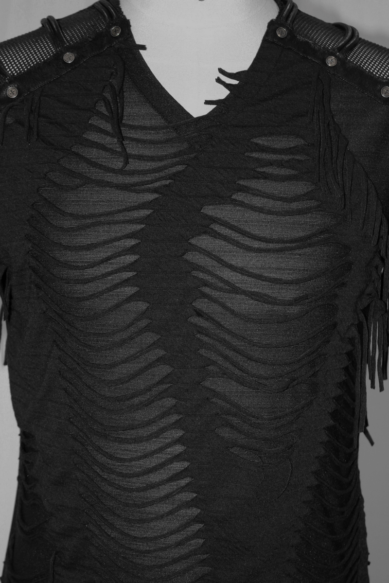Gothic Black T-Shirts with Fringes / Men's Slashed T-Shirt with Mesh and Studs