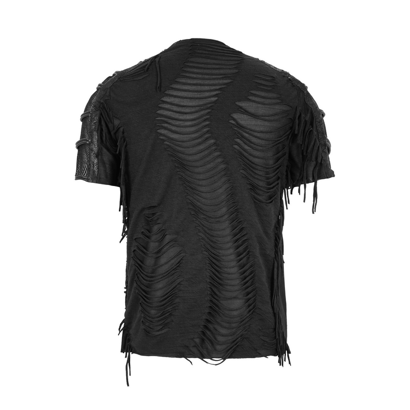 Gothic Black T-Shirts with Fringes / Men's Slashed T-Shirt with Mesh and Studs