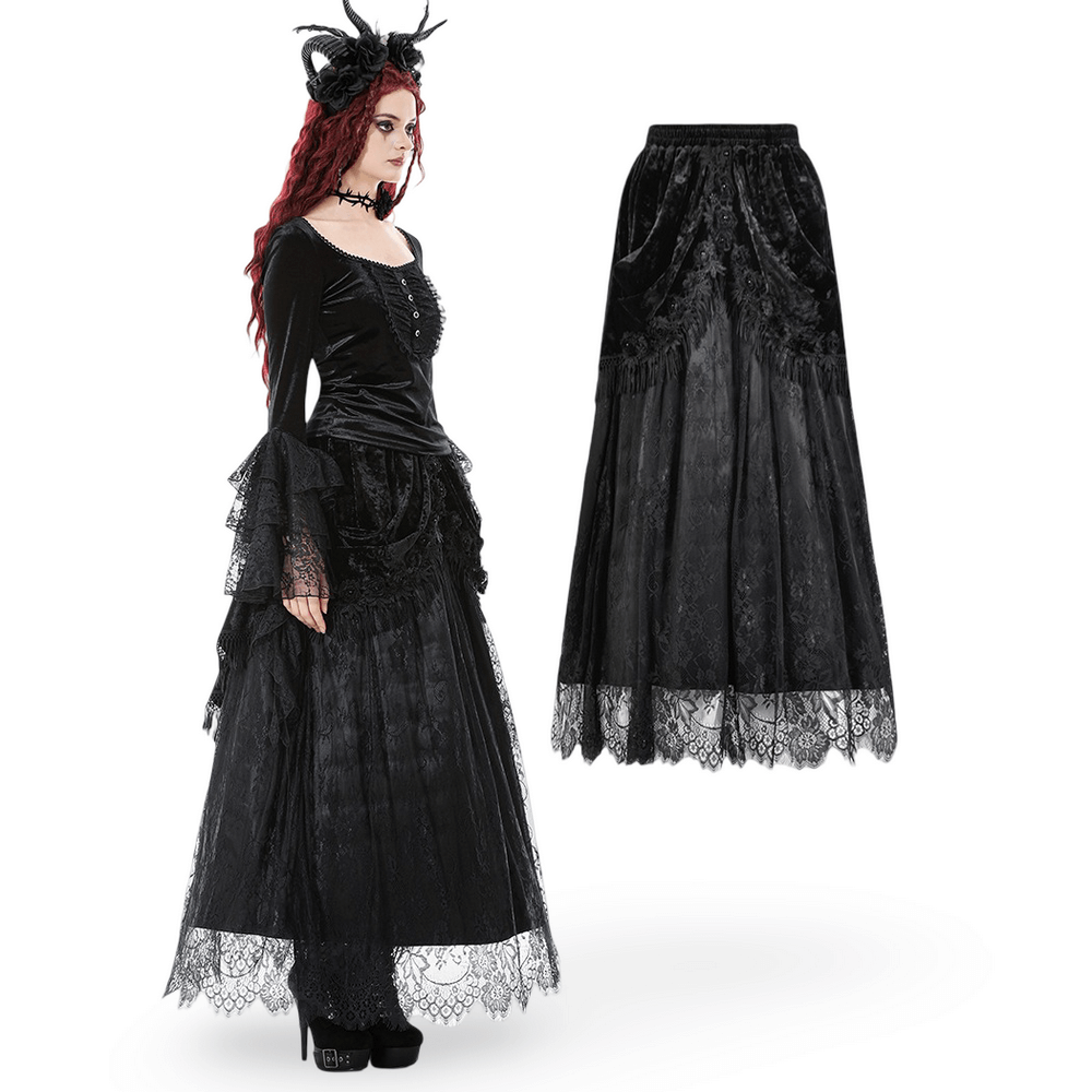 Gothic Black Velvet and Lace Maxi Skirt with Floral Trim