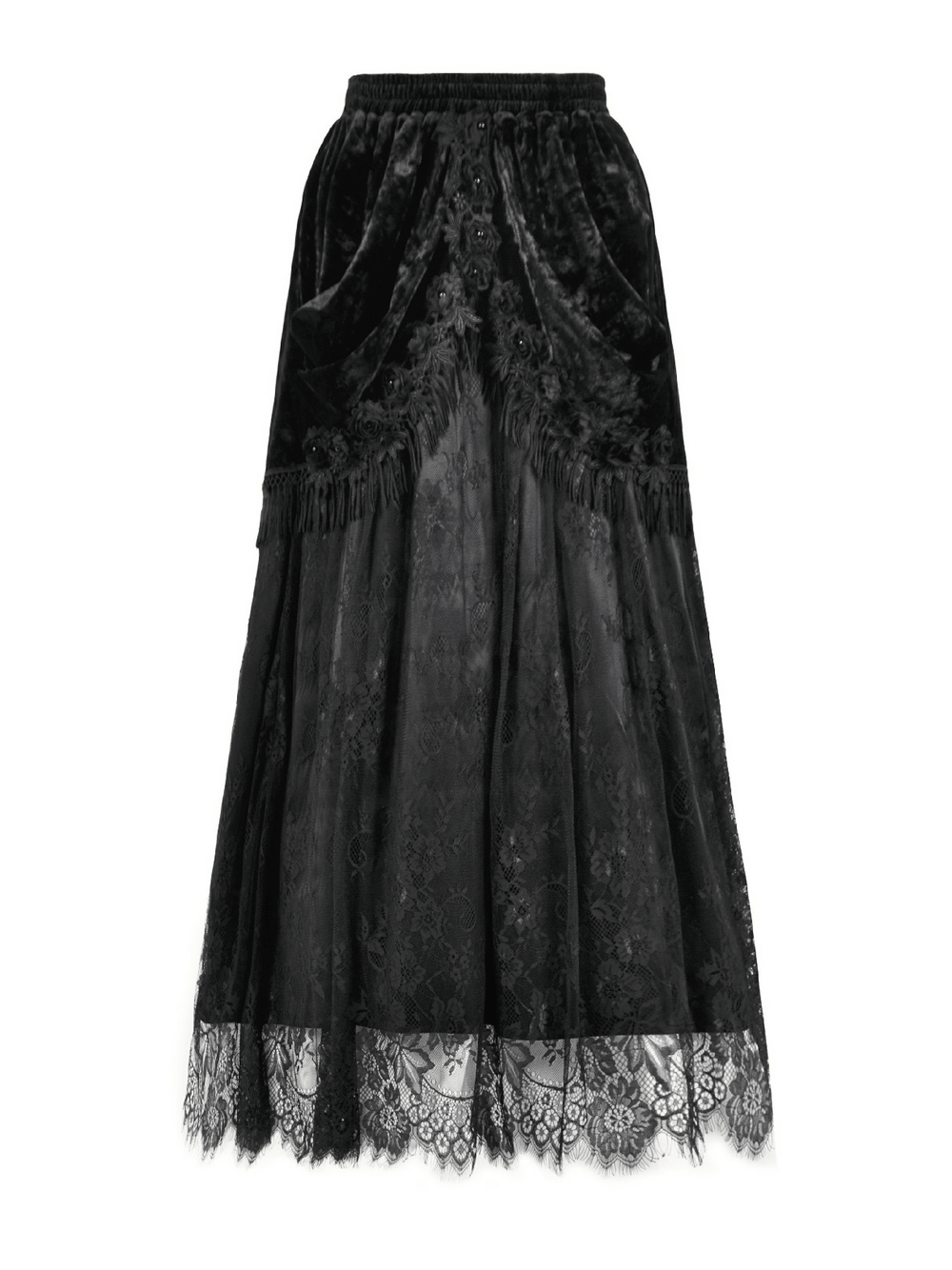 Gothic Black Velvet and Lace Maxi Skirt with Floral Trim