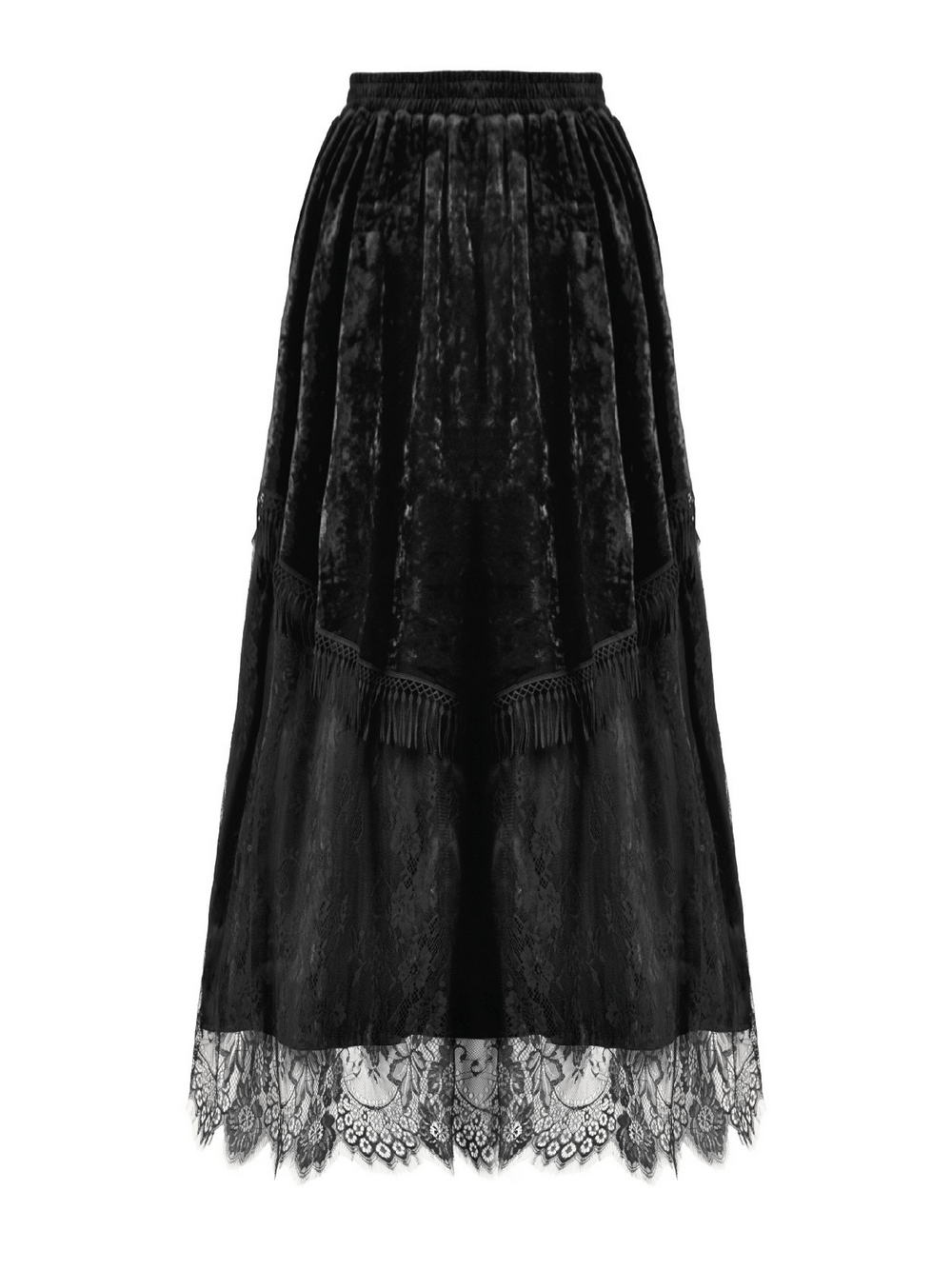 Gothic Black Velvet and Lace Maxi Skirt with Floral Trim