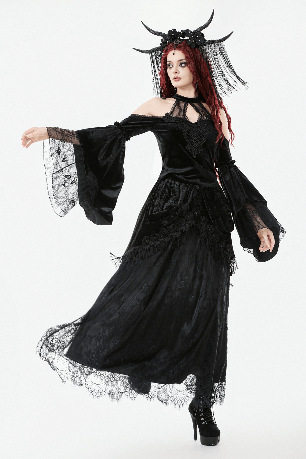Gothic Black Velvet and Lace Maxi Skirt with Floral Trim