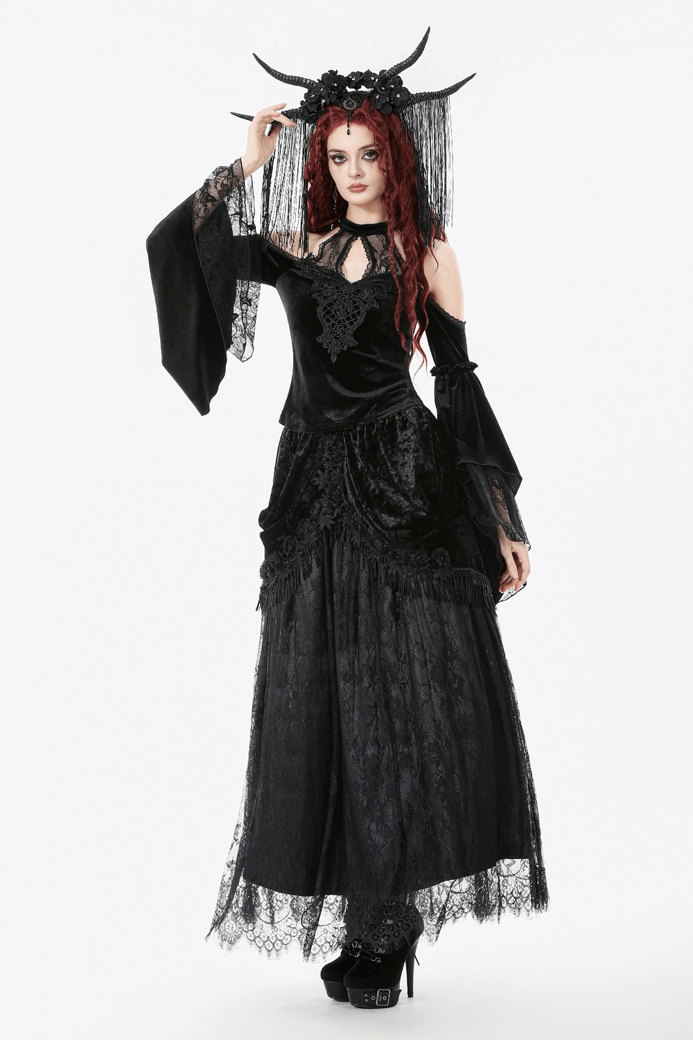 Gothic Black Velvet and Lace Maxi Skirt with Floral Trim