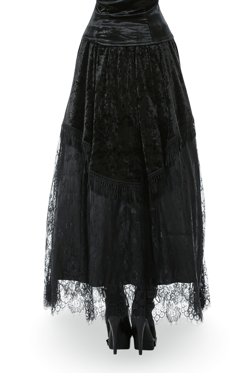 Gothic Black Velvet and Lace Maxi Skirt with Floral Trim