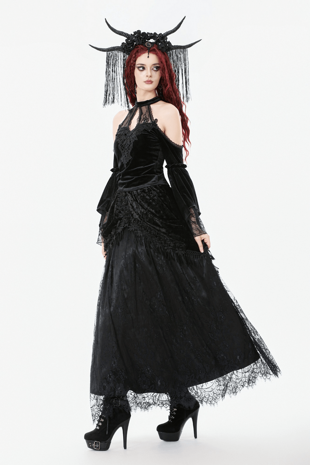 Gothic Black Velvet and Lace Maxi Skirt with Floral Trim