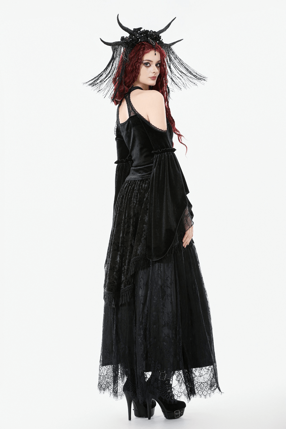 Gothic Black Velvet and Lace Maxi Skirt with Floral Trim