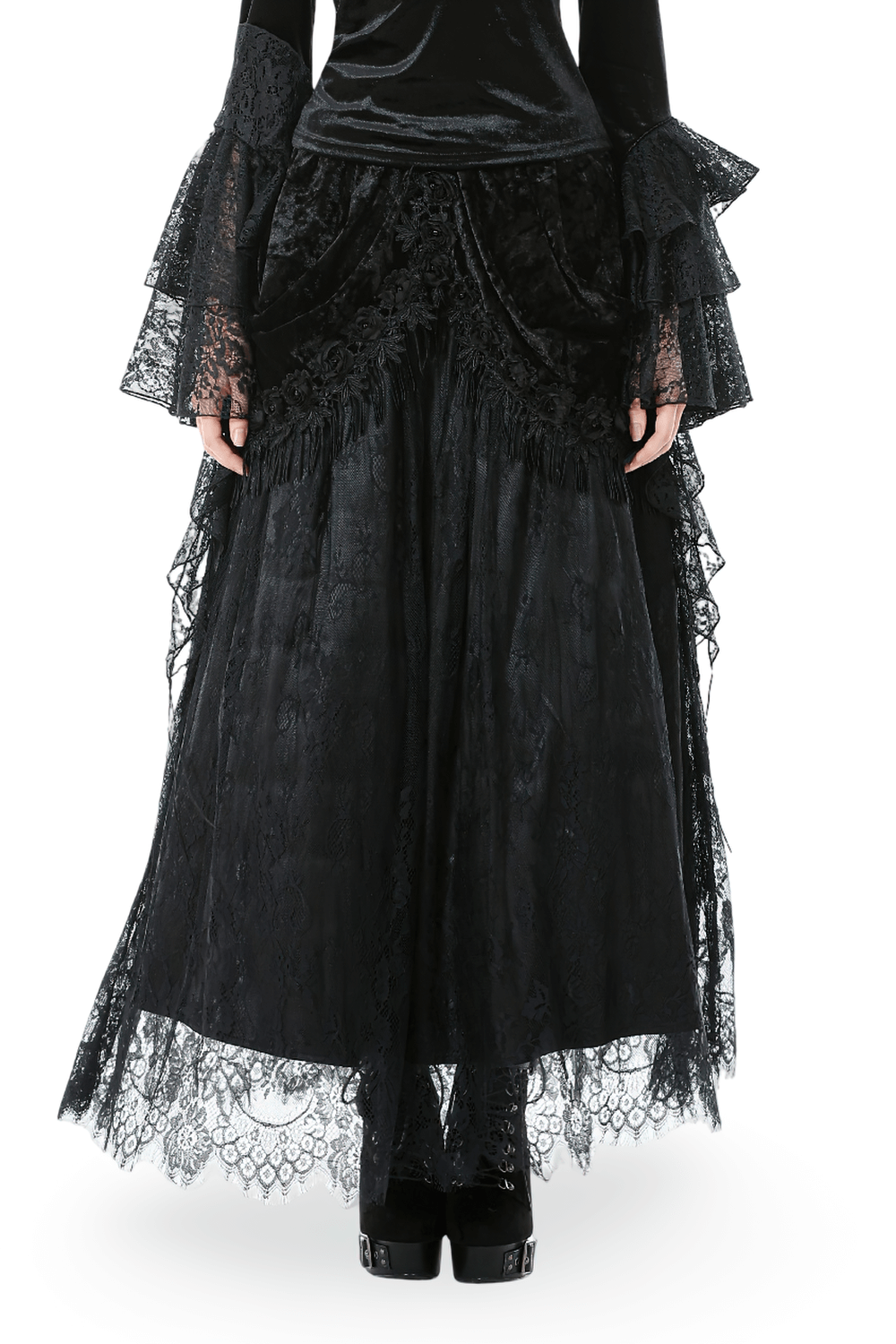 Gothic Black Velvet and Lace Maxi Skirt with Floral Trim