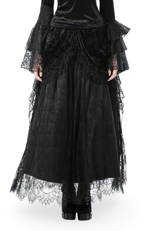 Gothic Black Velvet and Lace Maxi Skirt with Floral Trim
