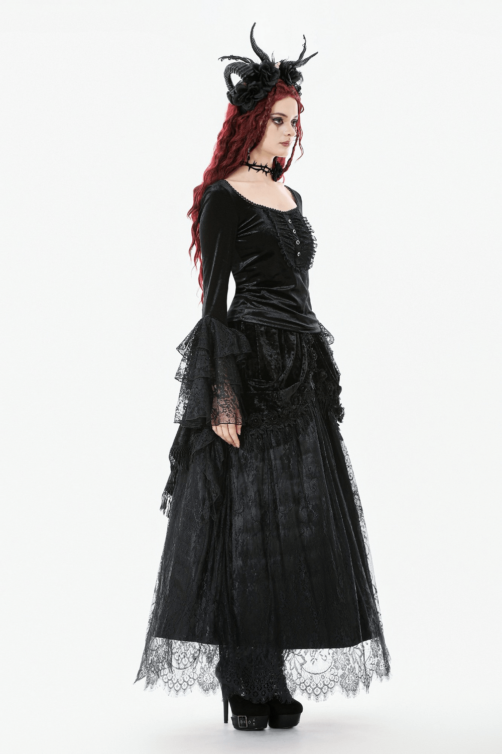 Gothic Black Velvet and Lace Maxi Skirt with Floral Trim
