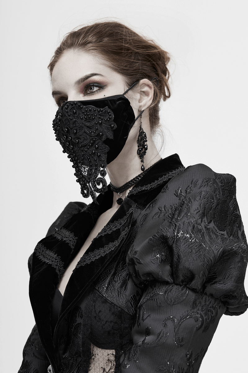 Gothic Black Velvet Face Mask / Women's Lace Applique Mask with Adjustable Straps