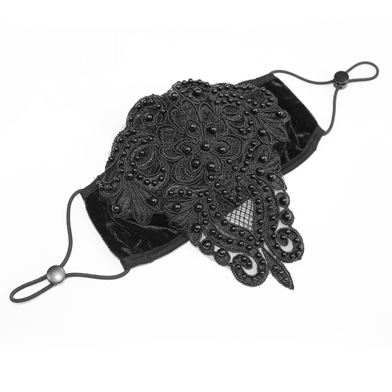 Gothic Black Velvet Face Mask / Women's Lace Applique Mask with Adjustable Straps