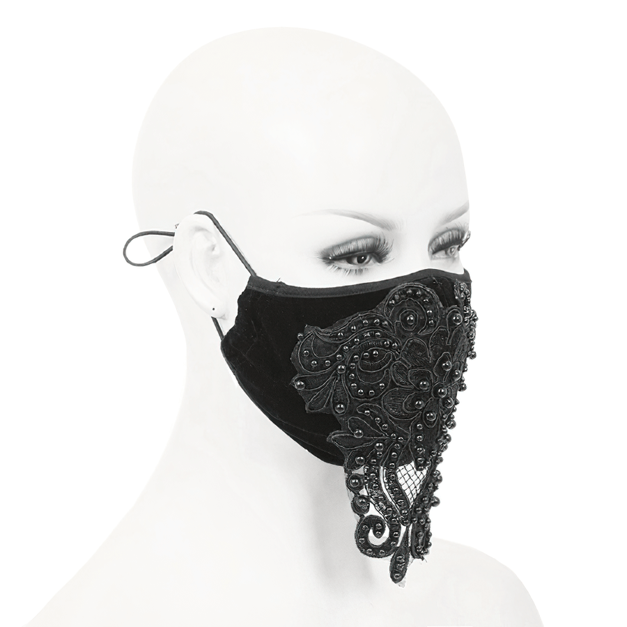 Gothic Black Velvet Face Mask / Women's Lace Applique Mask with Adjustable Straps
