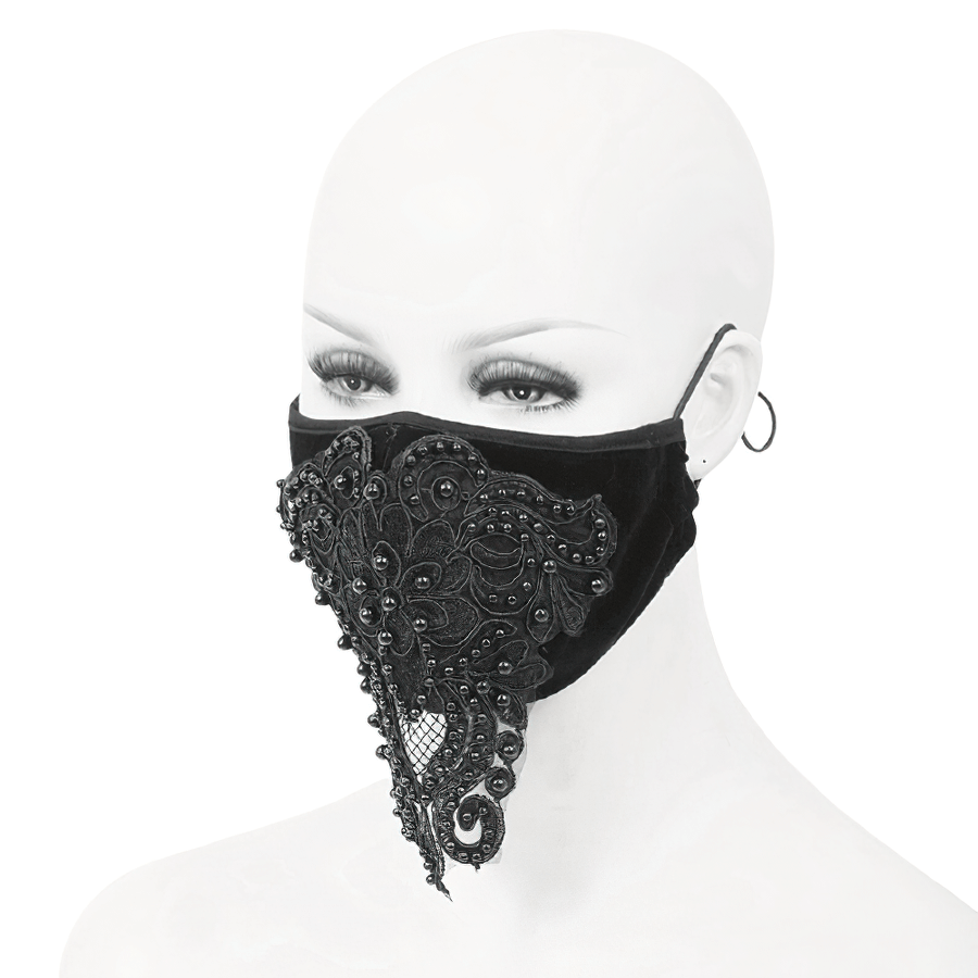 Gothic Black Velvet Face Mask / Women's Lace Applique Mask with Adjustable Straps