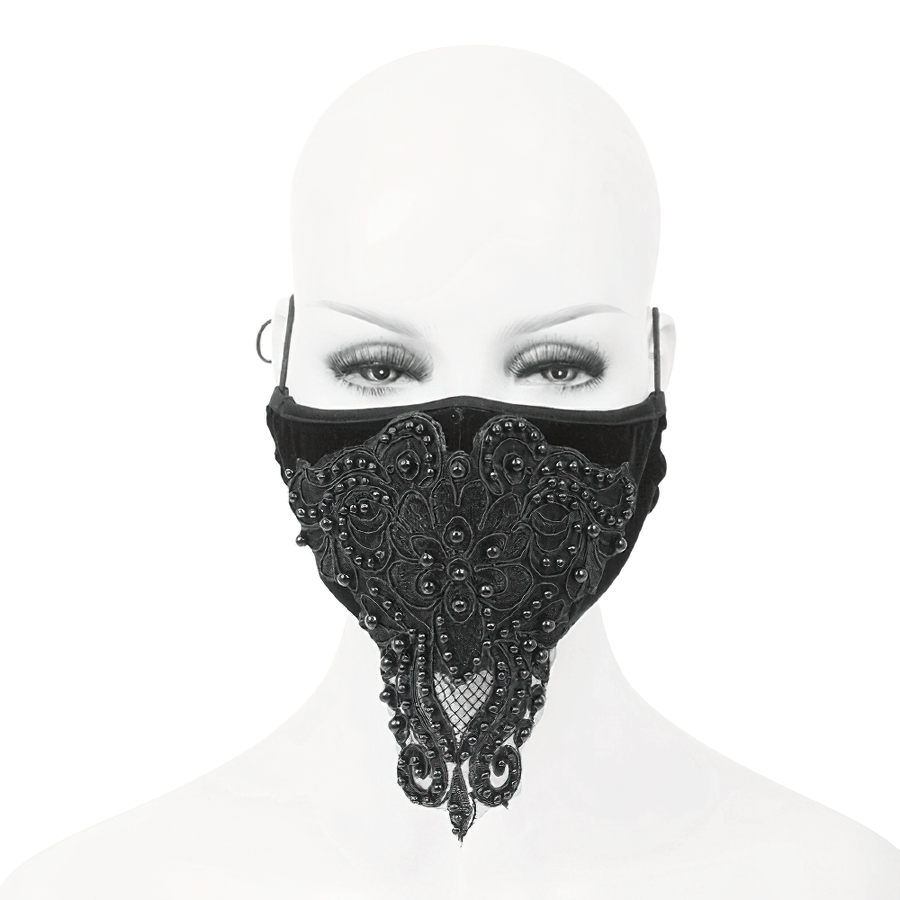 Gothic Black Velvet Face Mask / Women's Lace Applique Mask with Adjustable Straps
