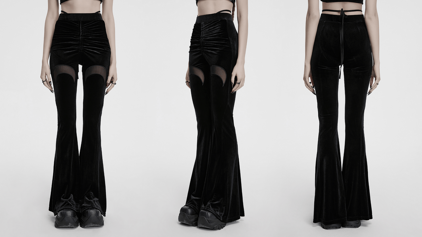 Gothic Black Velvet Flared Pants with Mesh Cutouts