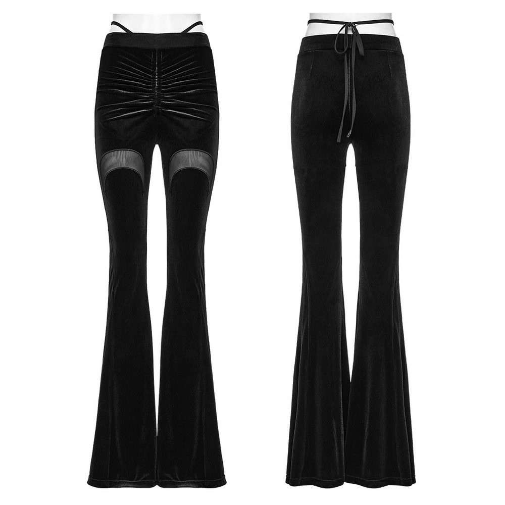 Gothic Black Velvet Flared Pants with Mesh Cutouts
