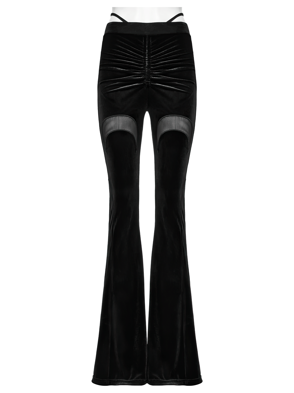 Gothic Black Velvet Flared Pants with Mesh Cutouts